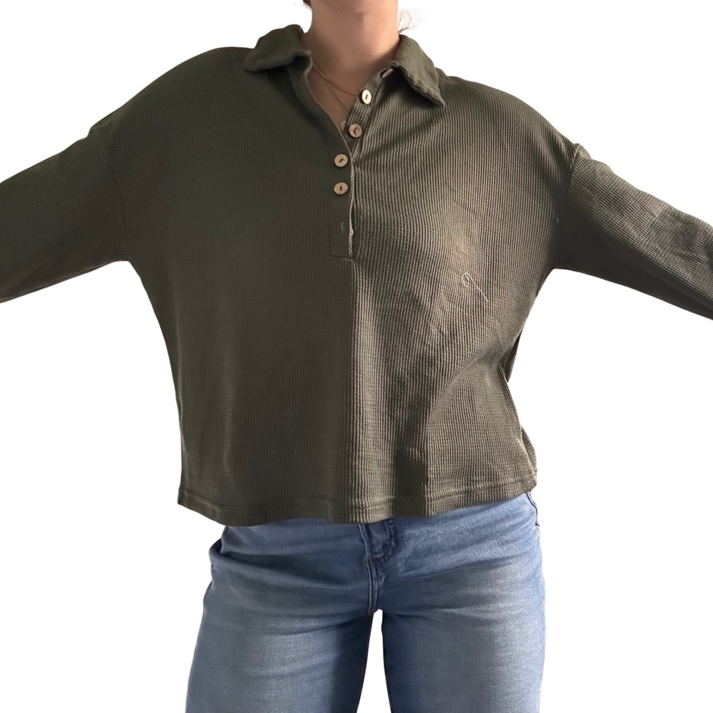 SHEIN Waffle Knit Collared Long Sleeve Button Up Top Olive Green Size Medium - Picture 4 of 11